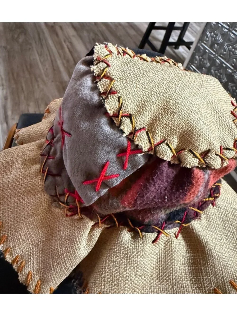 Artisan Patchwork Burlap Fabric Bucket Hat Decorative Stitching Boho Costume O/S